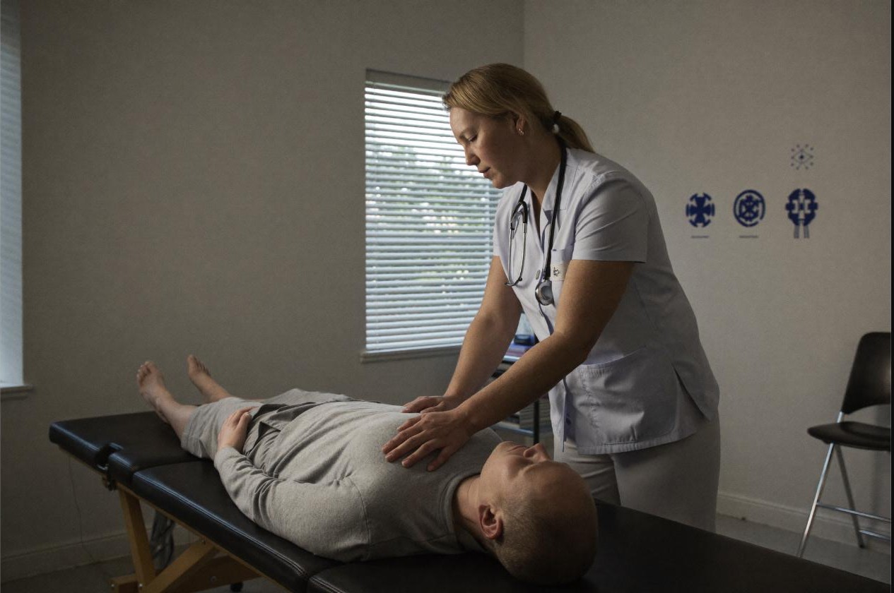 Physiotherapist guiding a patient through a shoulder stretch