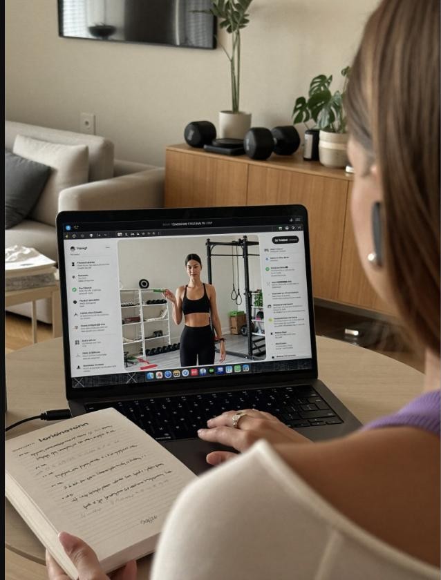 Coach reviewing an online training plan with a client on a video call